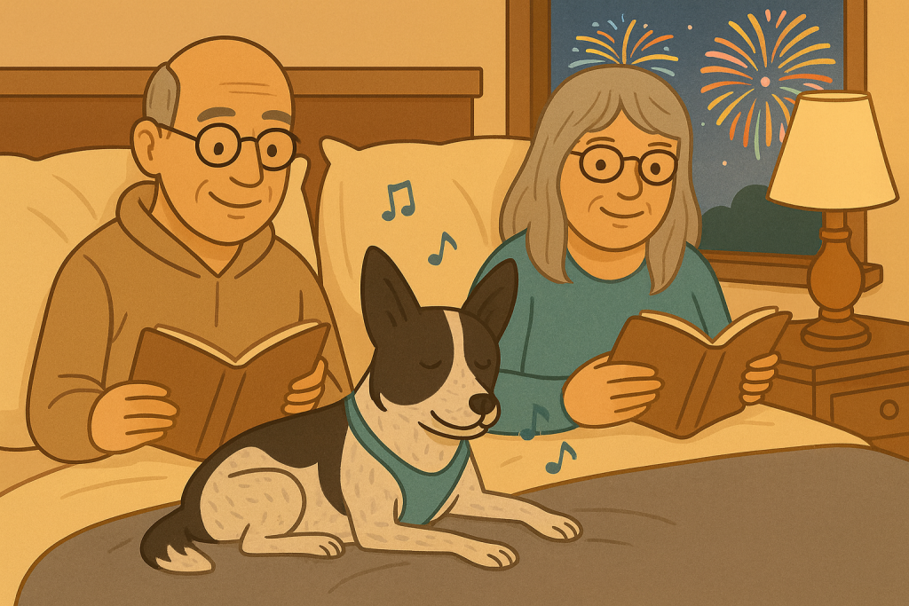 Dog with fireworks anxiety listening to calming music.