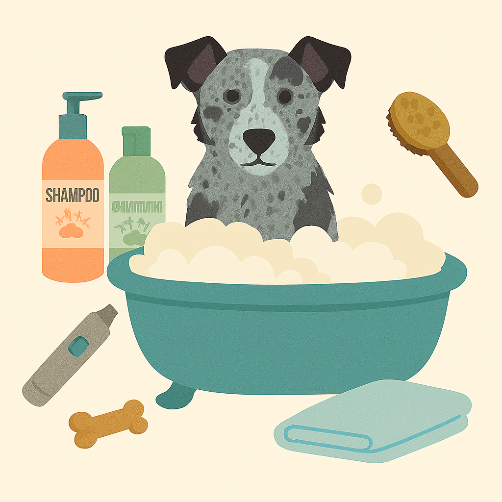 Senior Blue Heeler mix enjoys a DIY dog bath in a bubbly tub, surrounded by shampoo, grooming tools, towel, and treat.