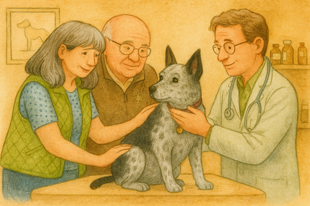 Blue Belle at the vet with her family – senior dog cancer story