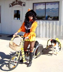 Woman with dog and dog-powered scooter in parade