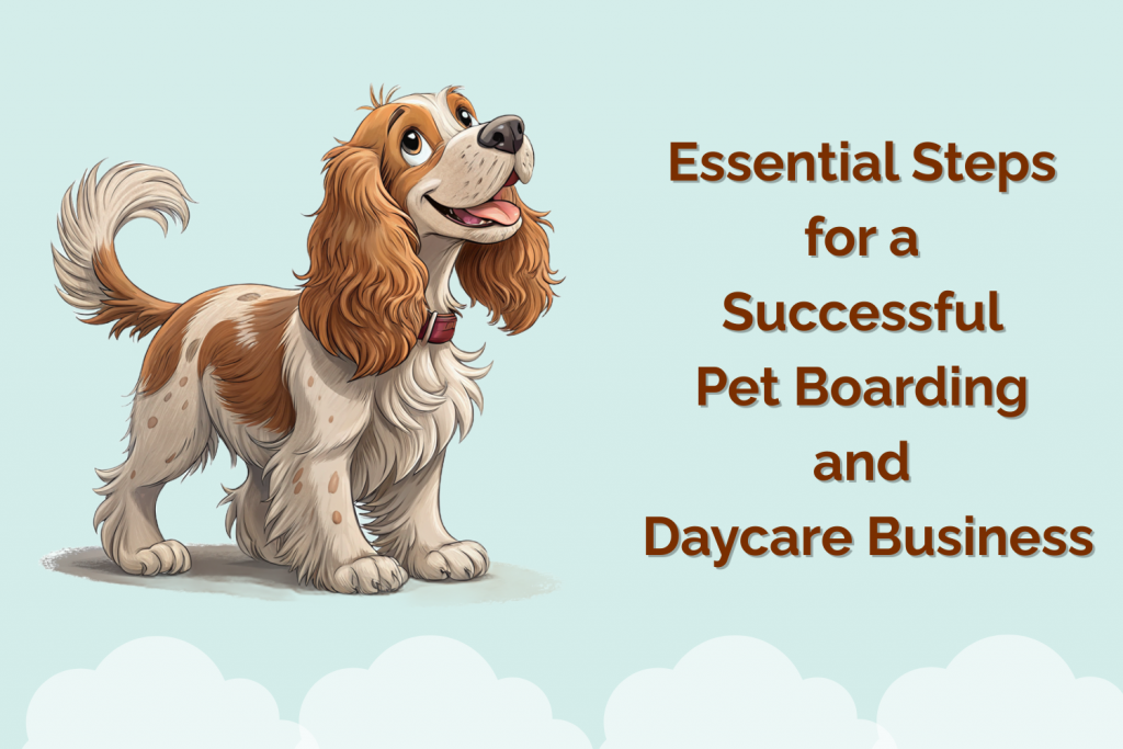 Illustrated happy dog beside title text Essential Steps for a Successful Pet Boarding and Daycare Business