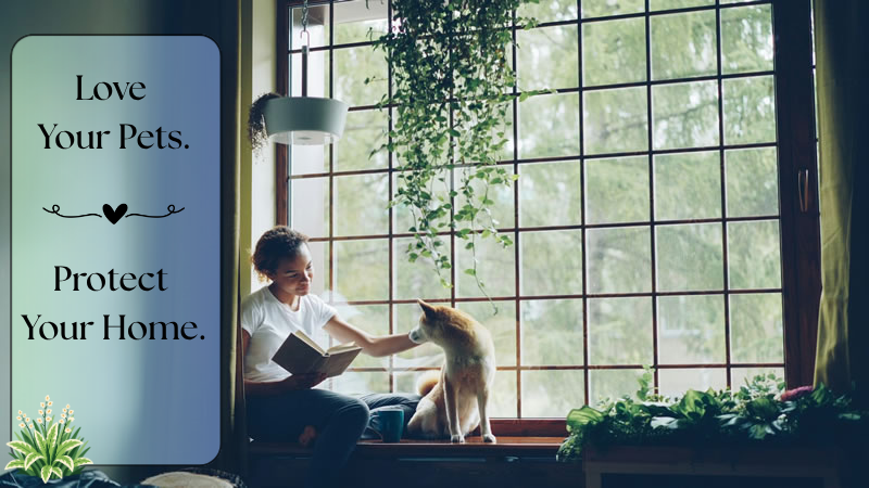 Person sitting by a large window reading a book and petting a dog in a pet-friendly home, with text overlay that says “Love Your Pets. Protect Your Home.” on a blue‑green background with a small plant graphic.