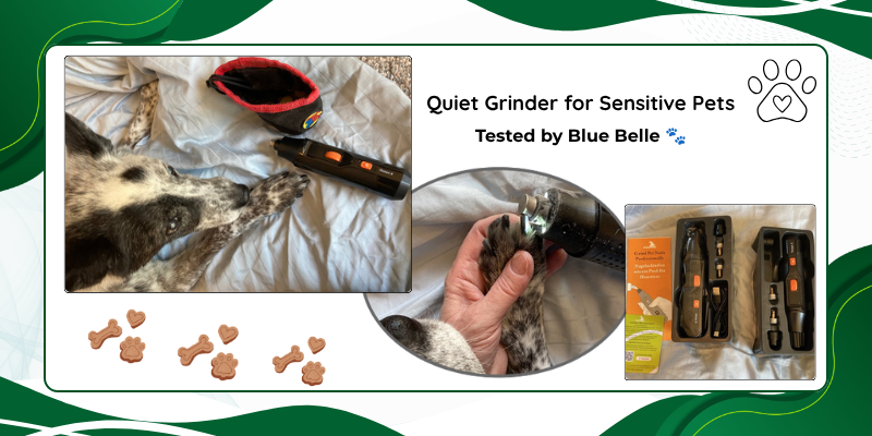 Collage of Blue Belle, NAIGRINS pet nail grinders, paw print, and dog treats used for a pet nail grinder review.