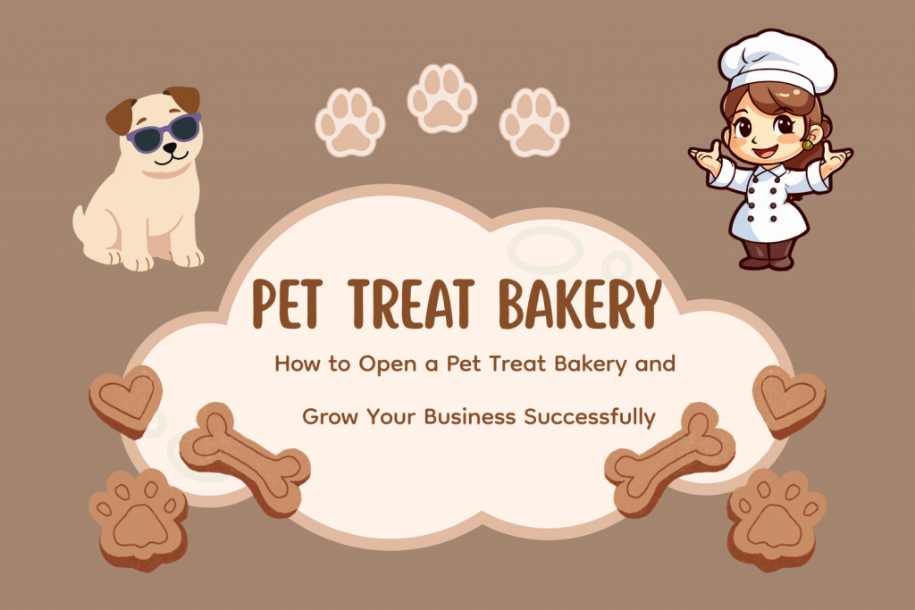 Pet treat bakery graphic featuring a smiling baker and treat‑themed background for a small business guide.