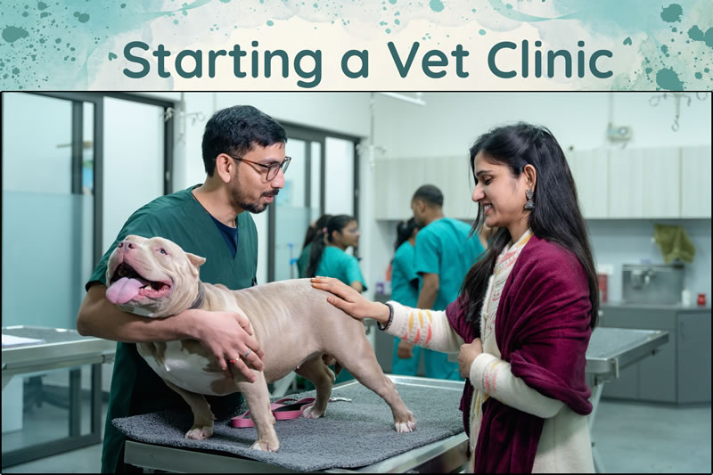 Veterinarian examining a dog while starting a veterinary clinic. Starting a veterinary clinic requires planning, staffing, and quality pet care.